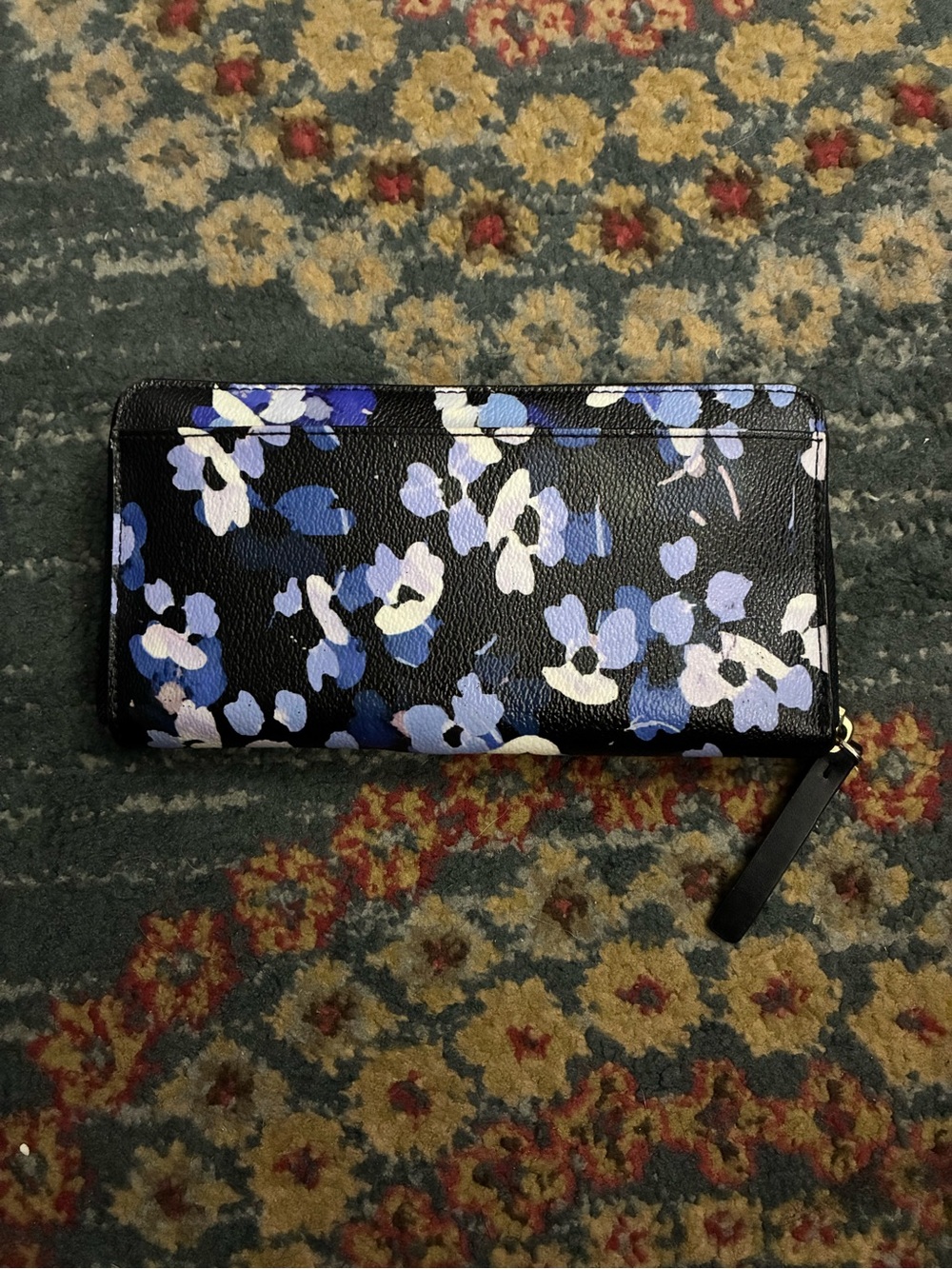 kate spade Black Floral Zip Around Wallet with Blue and White Blooms - Picture 3 of 6